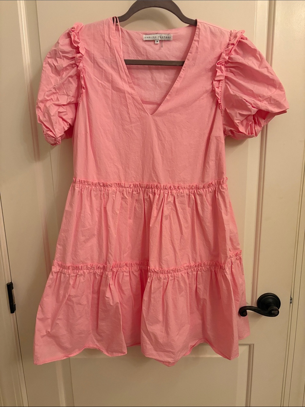 English Factory Pink Puff-Sleeve Tiered Midi Dress